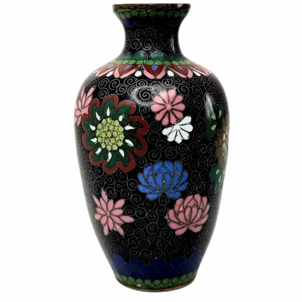 Antique Chinese Black Pink Green Floral‎ Peony Cloisonné Vase